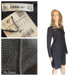 New ZARA Woman Black Dress
Metallic Silver Knit Tweed Long
Sleeve size S
